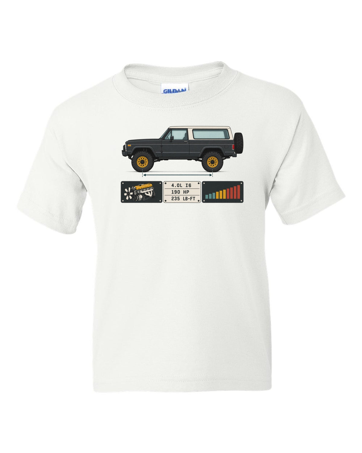 Jeep Wrangler LJ Unlimited spec sheet data plate design with 4.0L I6 190 HP 235 lb-ft white kids tee front view with the design