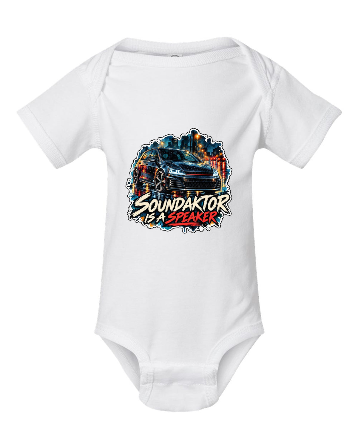Watercolour wet-road night scene of a VW Golf Mk7 GTI with Soundaktor is a speaker text white baby onesie front view with the design