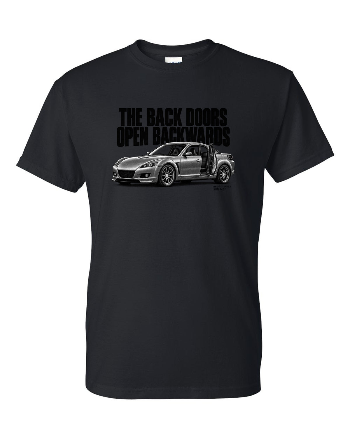 Halftone print of a Mazda RX-8 SE3P with back doors lettering black t-shirt front view with the design