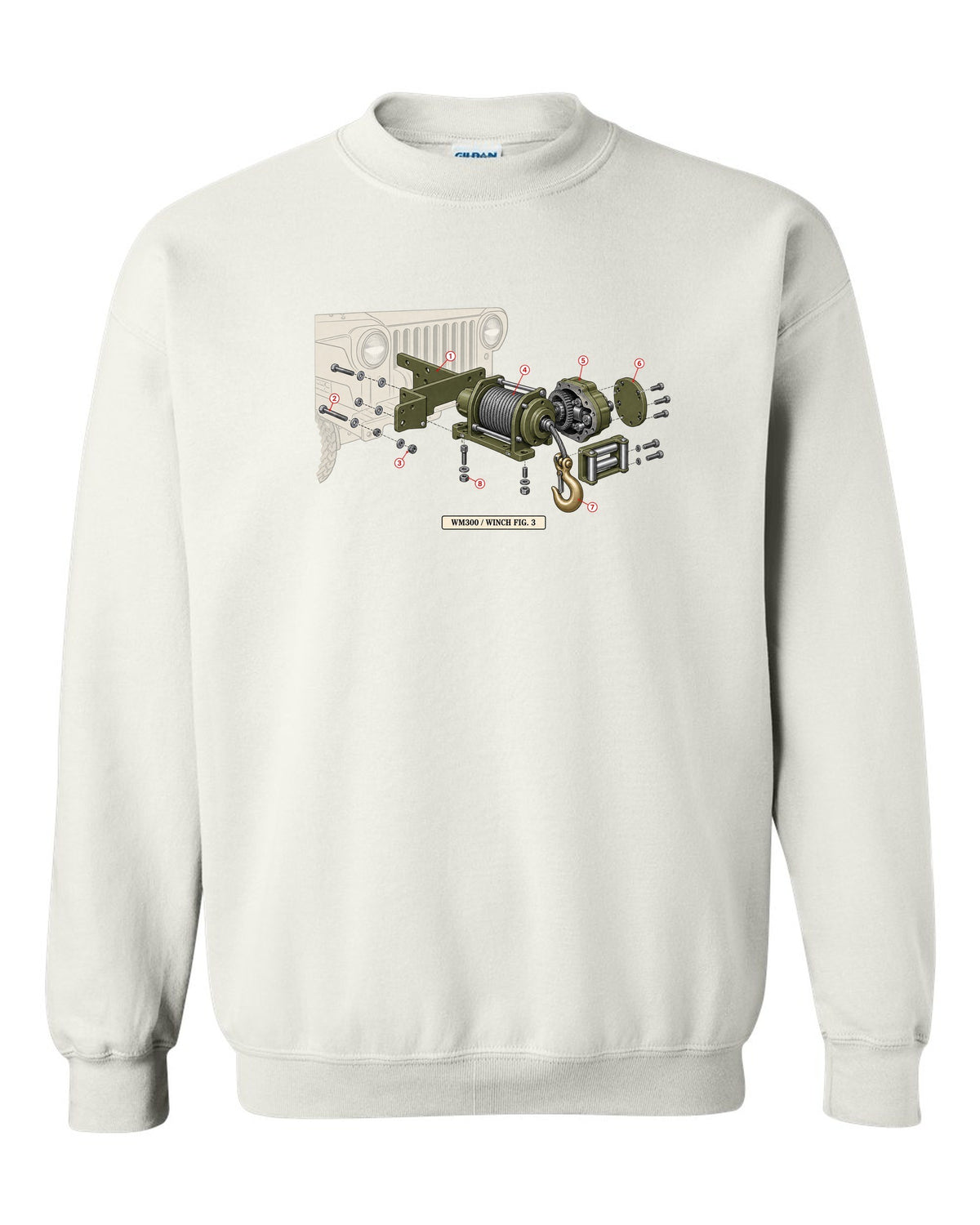 Exploded diagram print of a Dodge Power Wagon WM300 front winch labelled Fig. 3 white crewneck front view with the design
