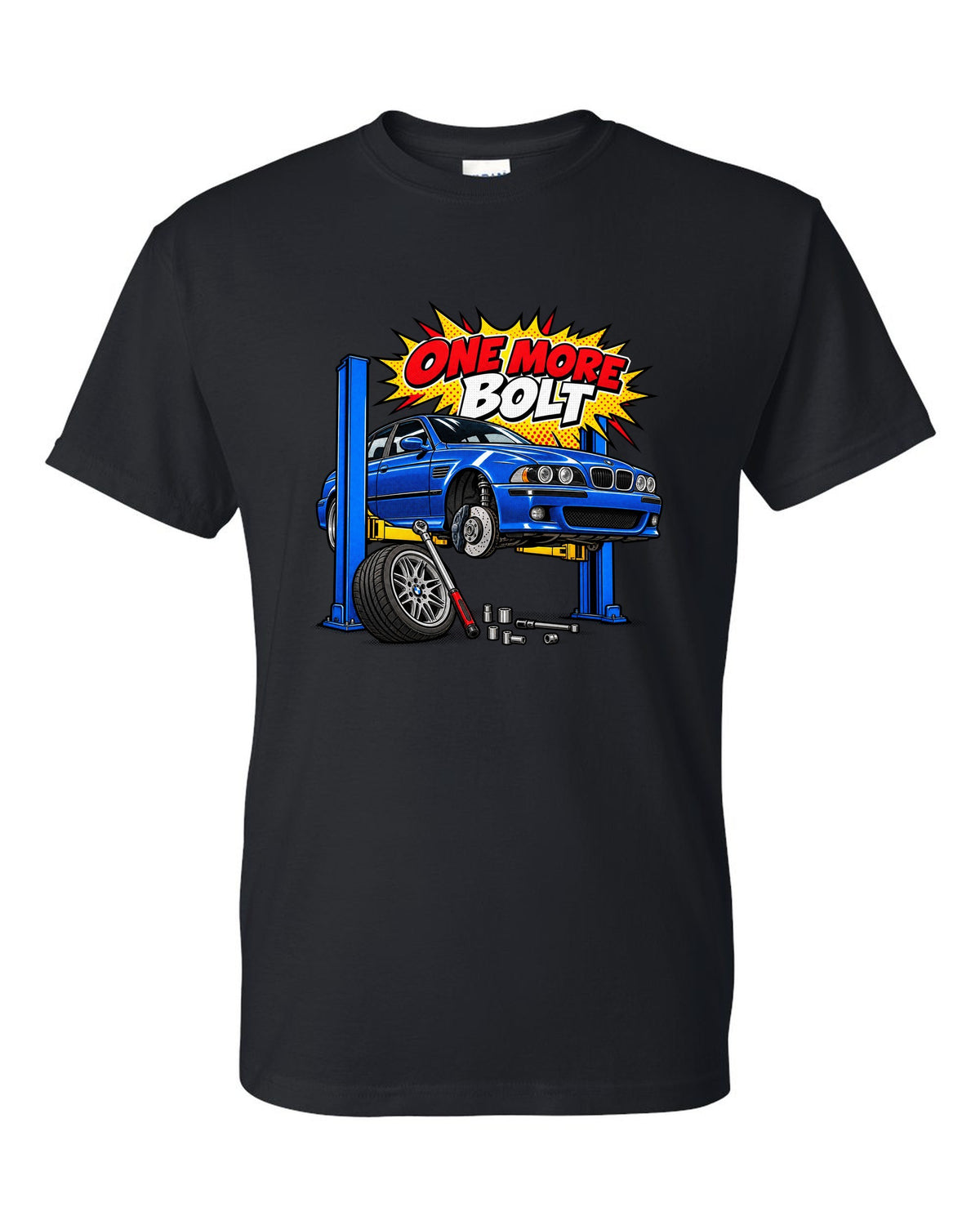 Ukiyo-e woodblock wave print of a BMW M5 E39 with S62 4.9 V8 text black t-shirt front view with the design