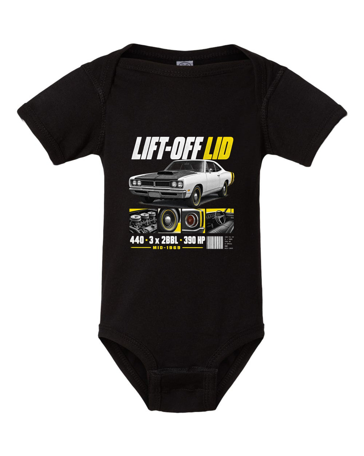 1969 Dodge Coronet Super Bee A12 dossier panel print with lift-off lid and 440 lettering black baby onesie front view with the design