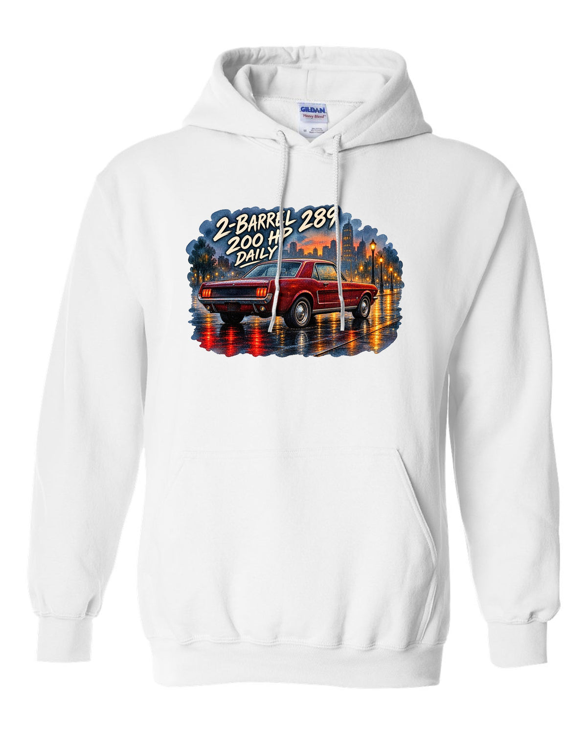 Watercolour wet-road night print of a 1965 Ford Mustang coupe with 2-barrel 289 text white pull over hoodie front view with the design