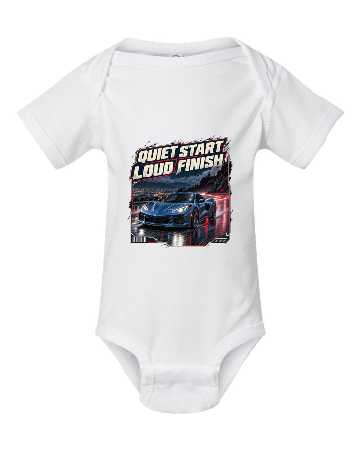 print of a Chevrolet Corvette C8 E-Ray on a wet night street with quiet start, loud finish text white baby onesie front view with the design