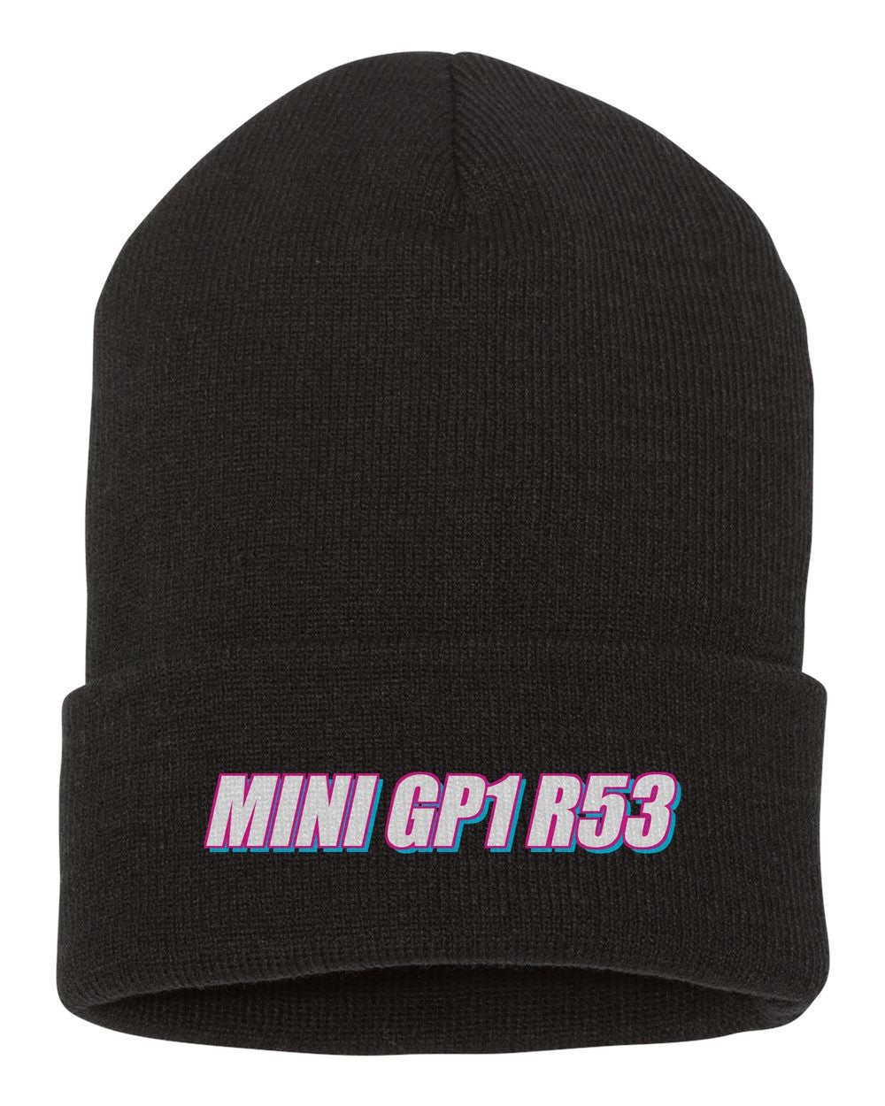 Mini Gp1 R53 black beanie front view with car name