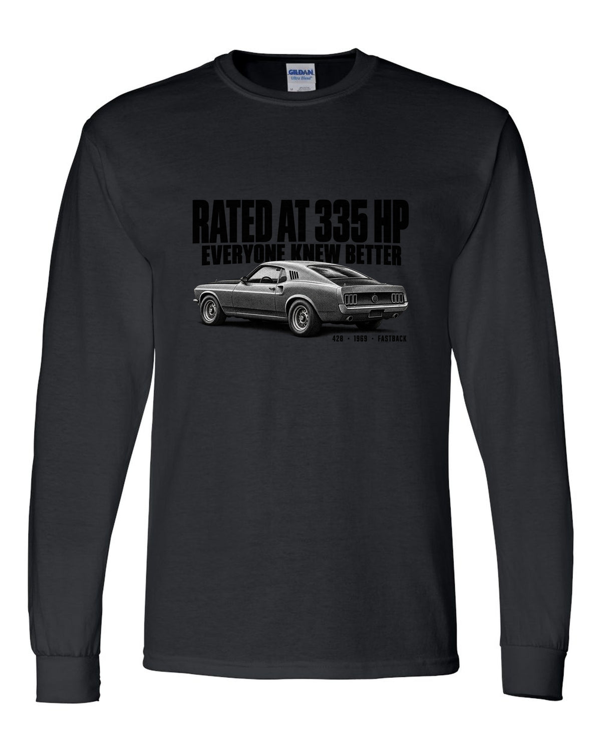 Halftone illustration of a 1969 Ford Mustang fastback with rated at 335 HP lettering black long sleeve front view with the design
