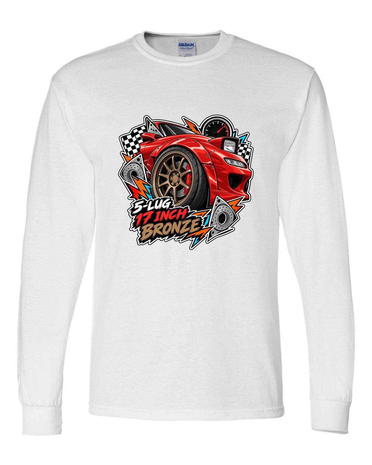 Gauge cluster print of a Mazda RX-7 FD3S boost needle with the text Boost Leak Somewhere white long sleeve front view with the design