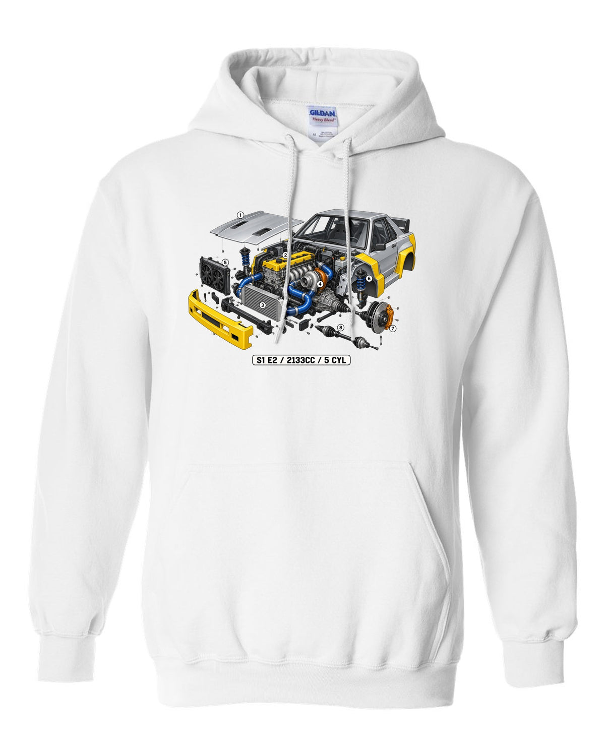 Isometric cutaway of the Audi S1 E2 five-cylinder engine, 2133cc white pull over hoodie front view with the design