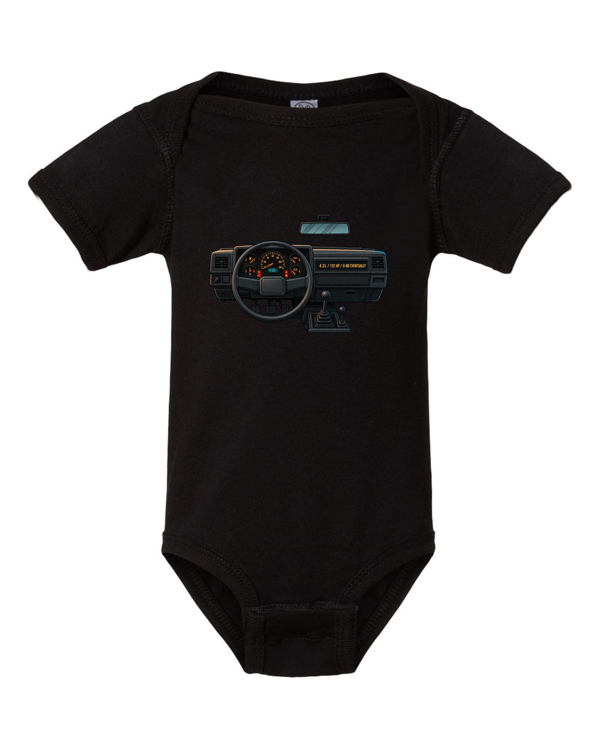 Gauge-cluster HUD print of a Jeep Wrangler YJ with 4.2L and 112 HP text black baby onesie front view with the design