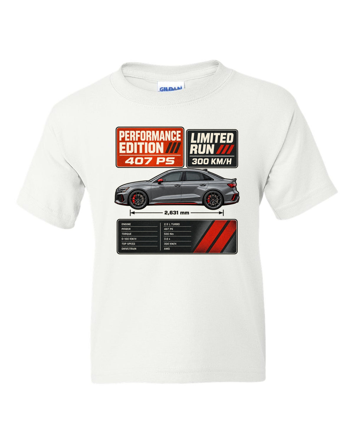 Grey and orange spec poster for the Audi RS3 8Y Performance Edition white kids tee front view with the design