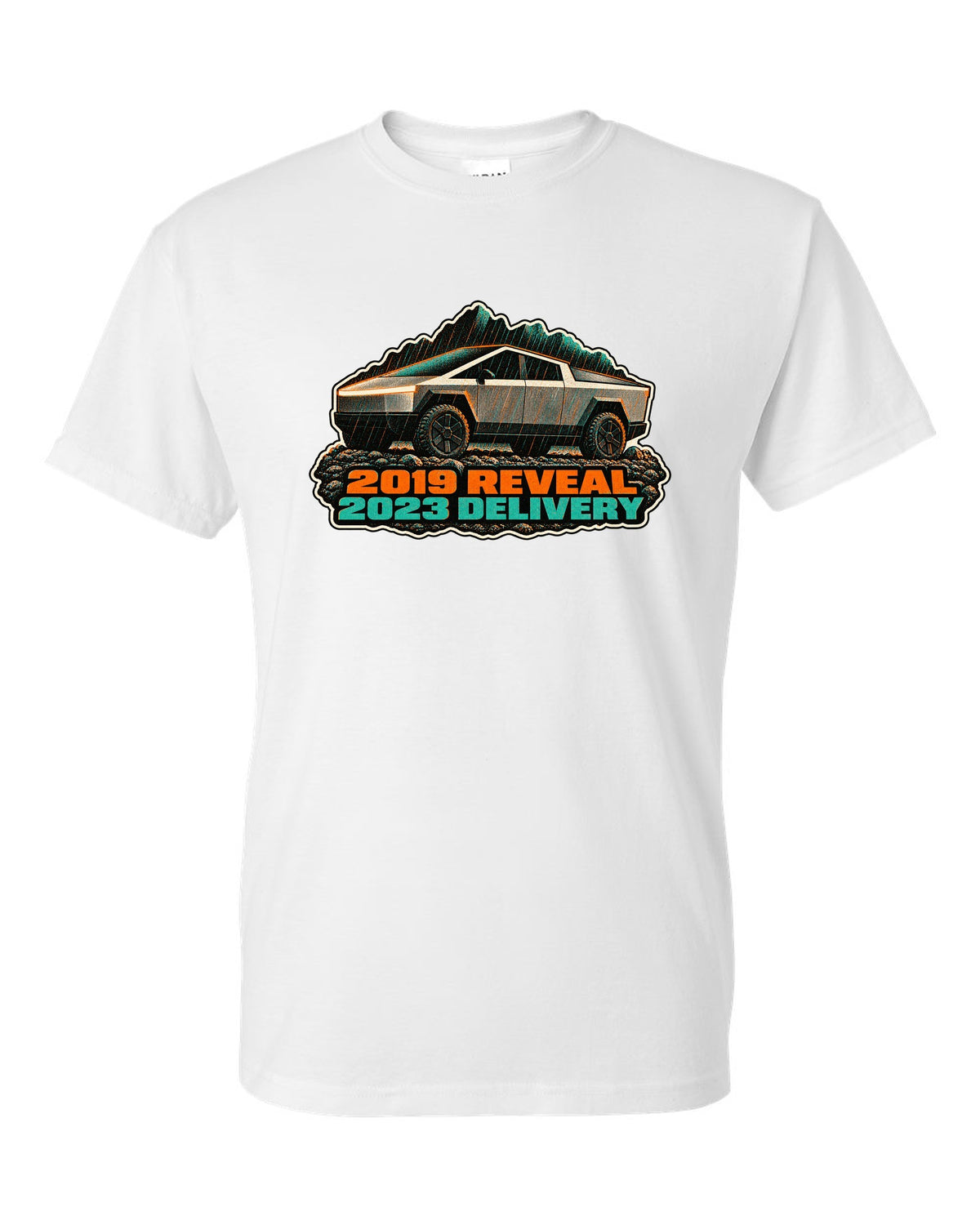 Risograph two-colour print of a 2023 Tesla Cybertruck in gravel and rain with 2019 Reveal 2023 Delivery lettering white t-shirt front view with the design