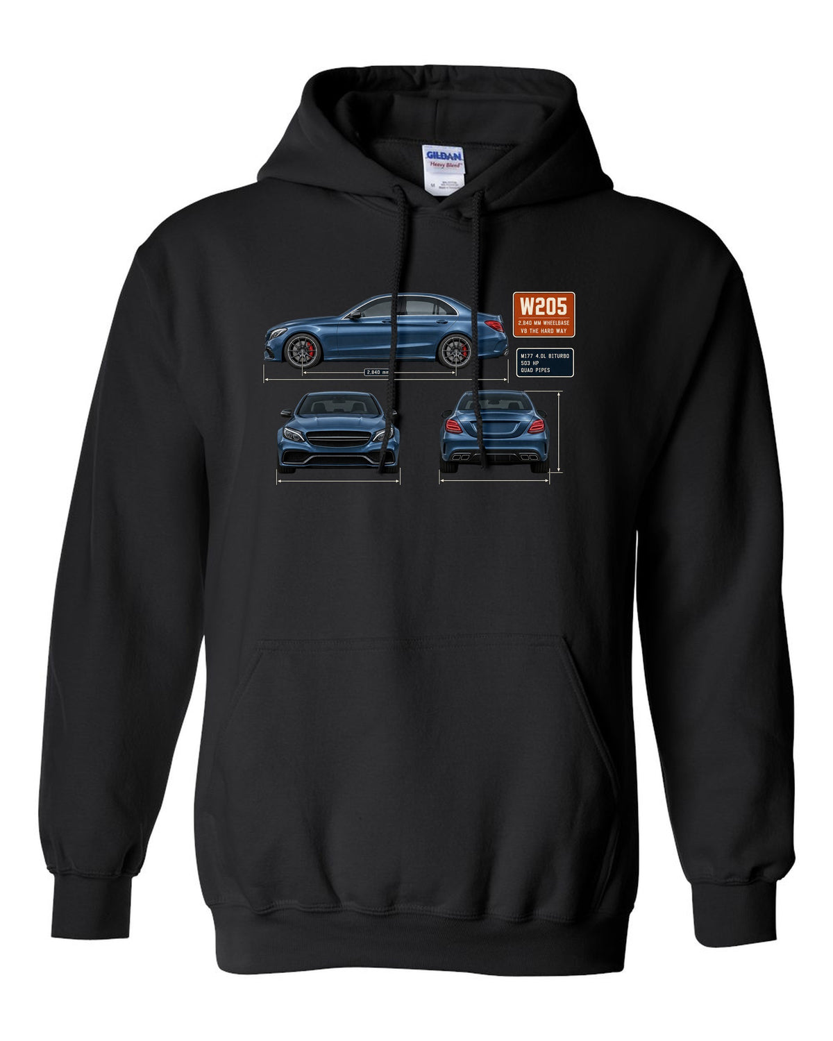 Mercedes-AMG C63 S W205 sedan three-view drawing in steel blue black pull over hoodie front view with the design