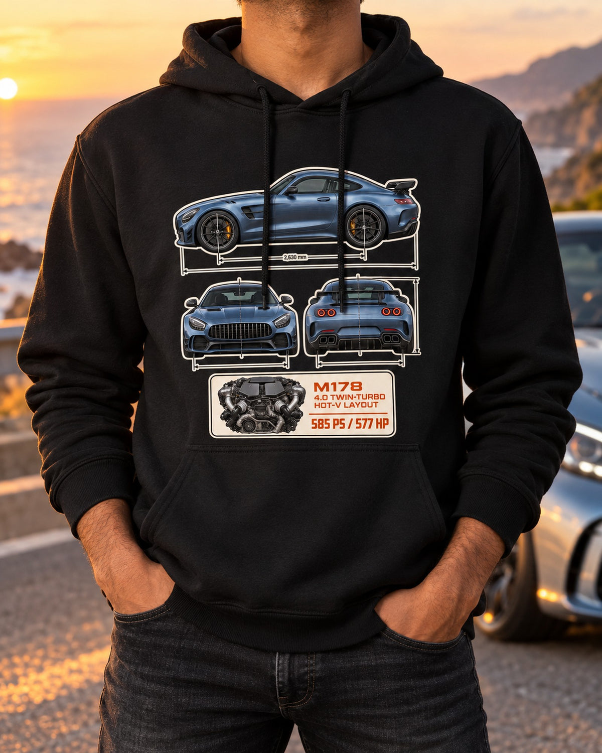 Mercedes-AMG GT R C190 Dimension Blueprint Shirt, M178 V8 Pull Over Hoodie Black worn hero