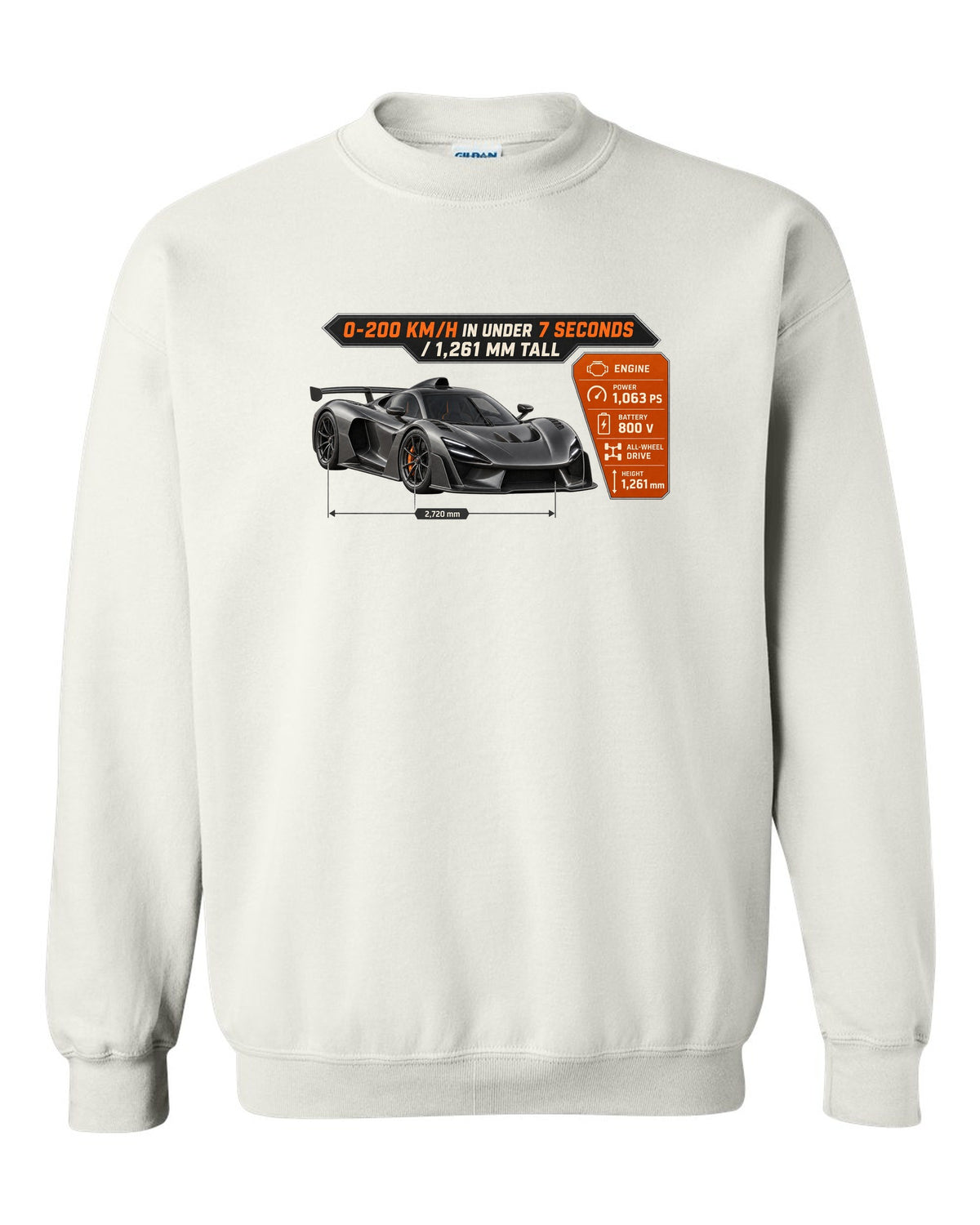 Mercedes-AMG One spec poster design with acceleration and height figures white crewneck front view with the design