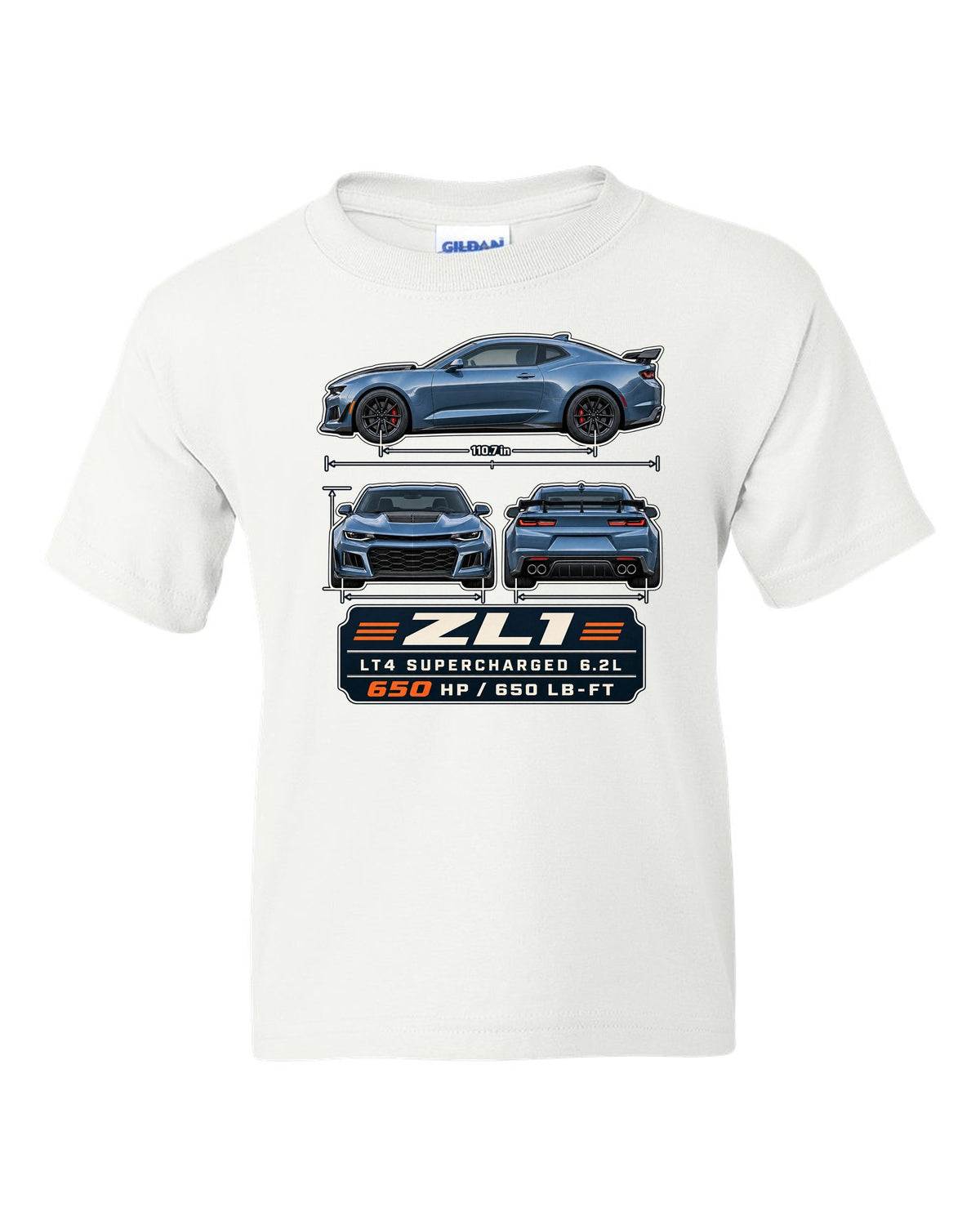 Three-view plate print of a 6th generation Chevrolet Camaro ZL1 white kids tee front view with the design