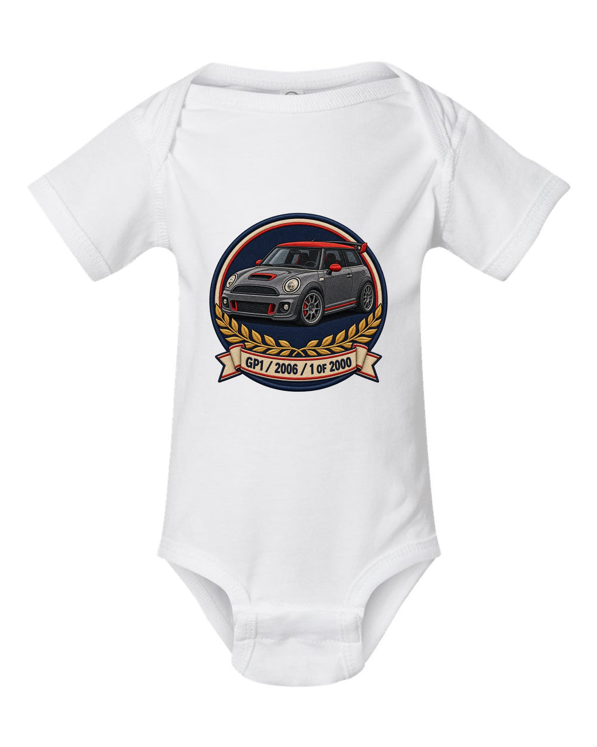 Varsity crest for the Mini Cooper GP1 2006, 1 of 2000 white baby onesie front view with the design