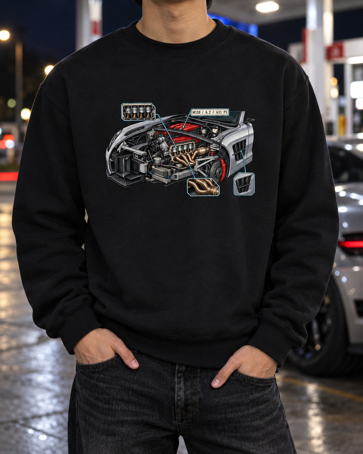 Mercedes G-Class W463 Field Plan Technical Blueprint Shirt Crewneck Black worn hero