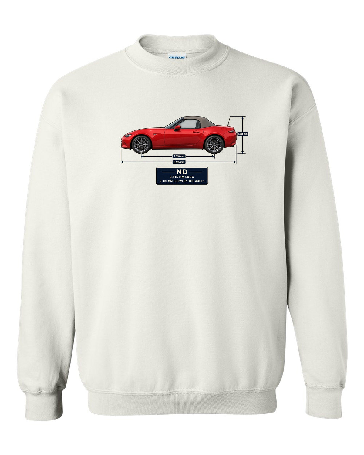 Blueprint-style dimension drawing of a 2016 Mazda MX-5 ND1 soft top in Soul Red white crewneck front view with the design