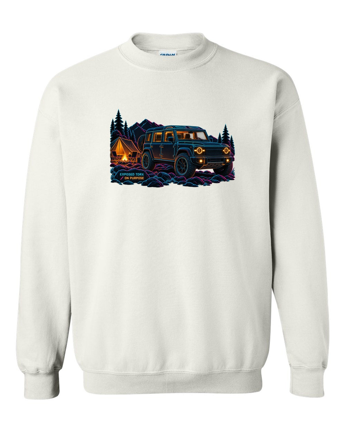 Neon line art print of a Land Rover Defender L663 110 at night camp with Exposed Torx text white crewneck front view with the design