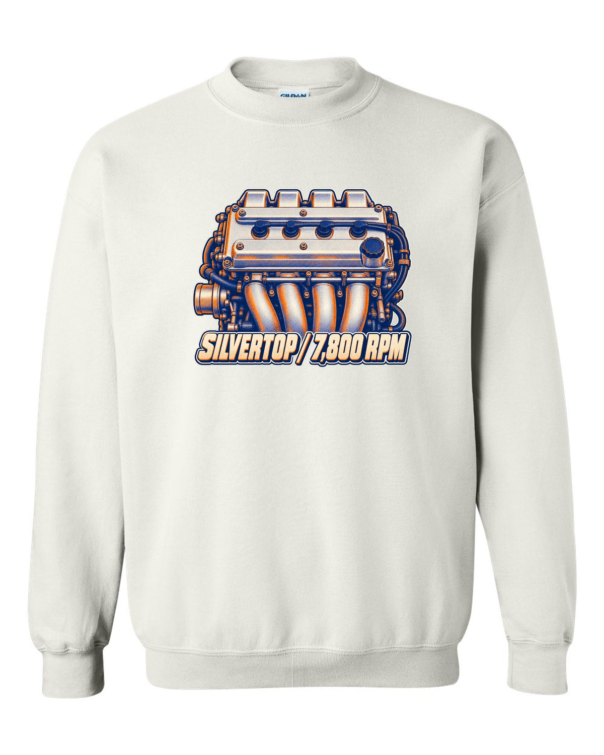 Two-colour risograph macro of the silvertop engine in the Toyota Corolla AE101 white crewneck front view with the design