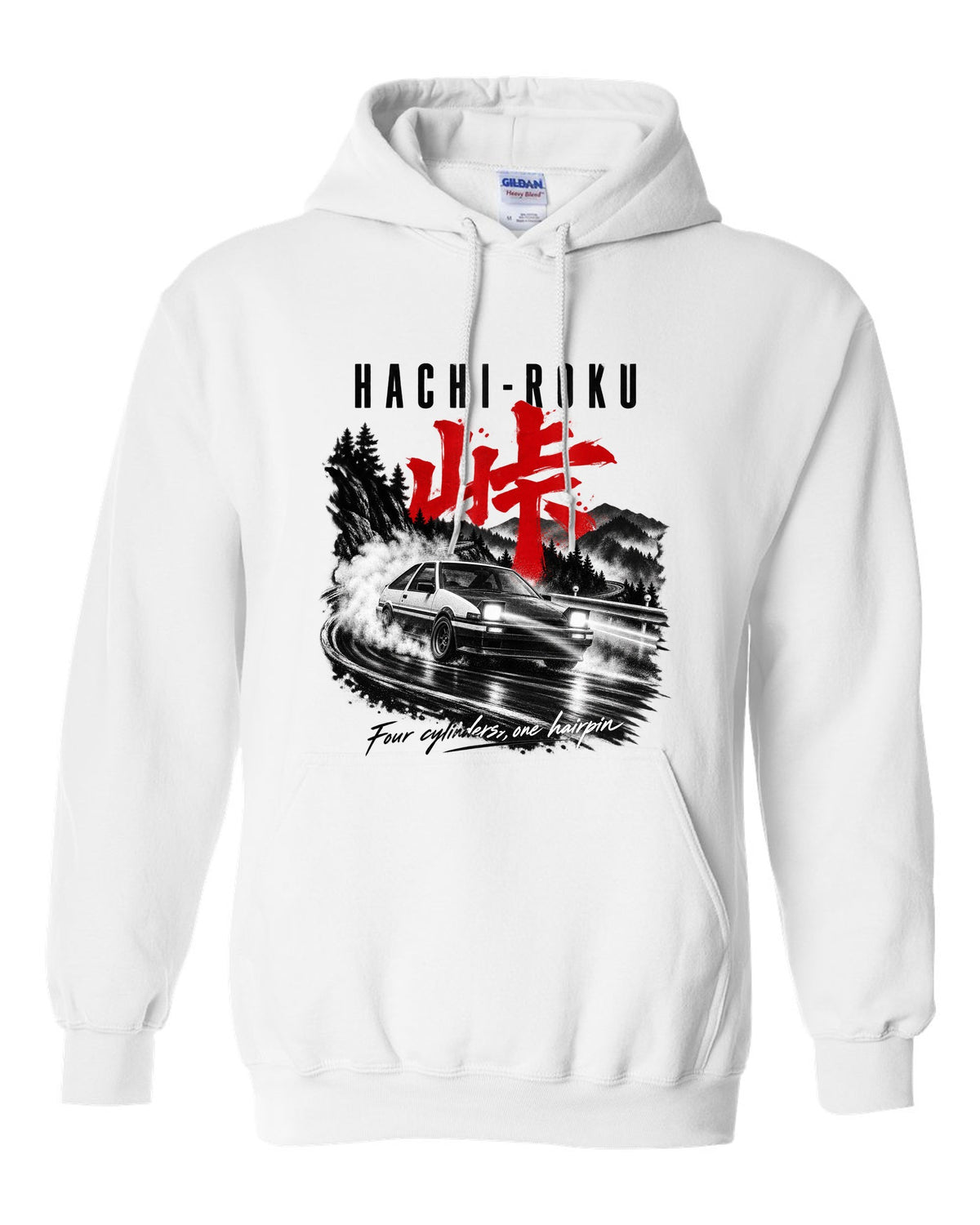 print of a Toyota AE86 Sprinter Trueno on a night touge with Hachi-Roku lettering and a hairpin bend white pull over hoodie front view with the design