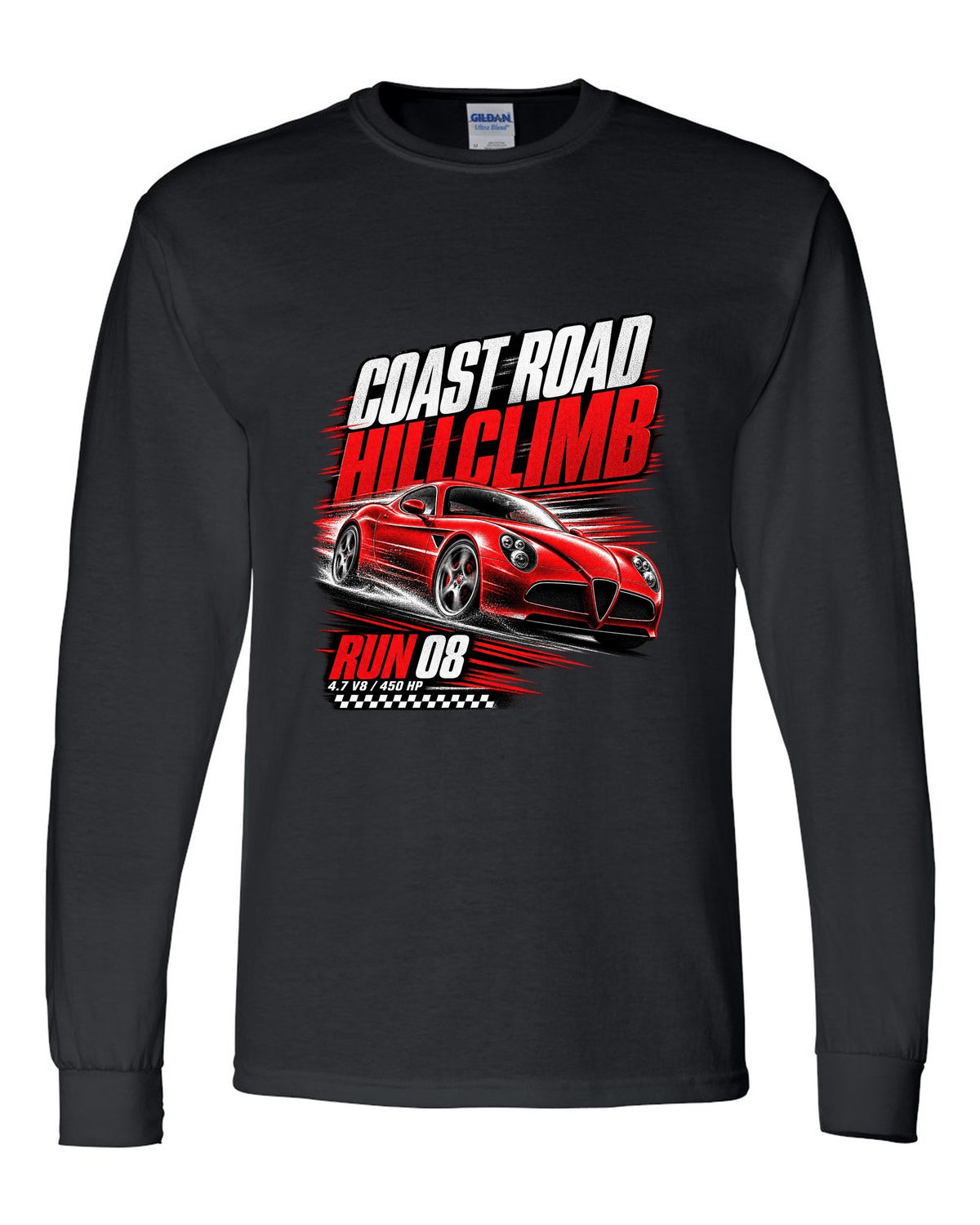 Hillclimb race poster print of an Alfa Romeo 8C Competizione with coast road and 4.7 V8 text black long sleeve front view with the design