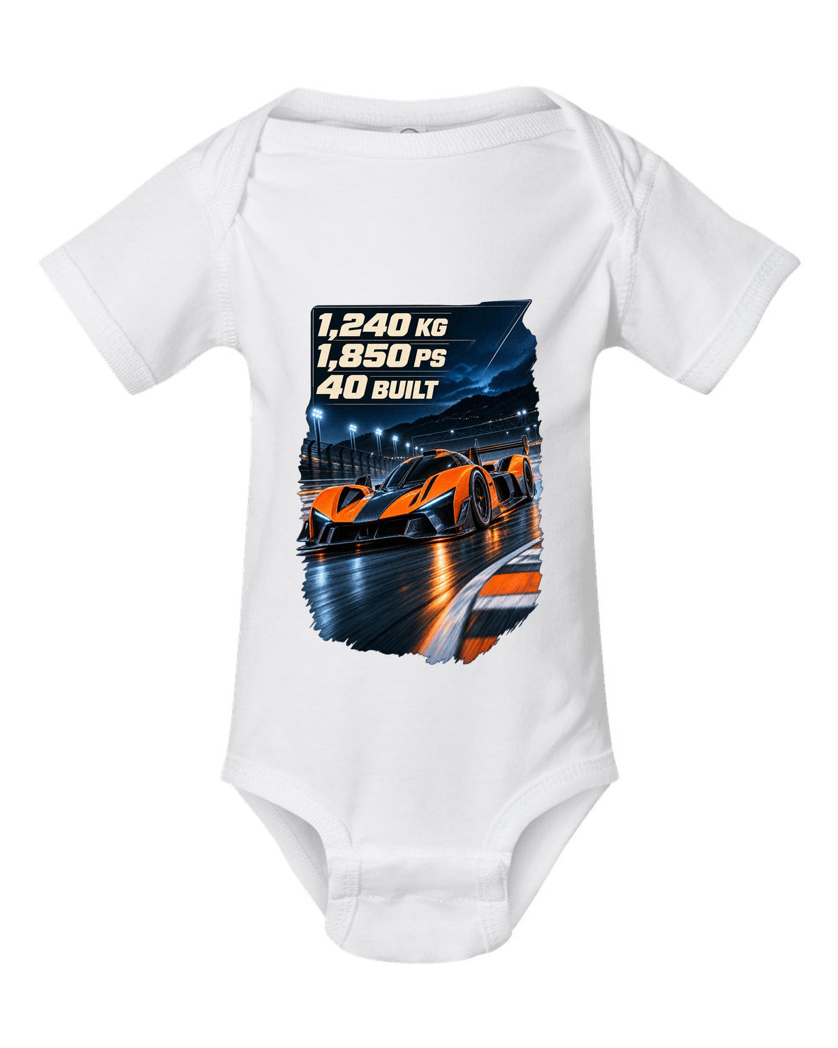 Bugatti Bolide track car at night print with weight and power figures white baby onesie front view with the design