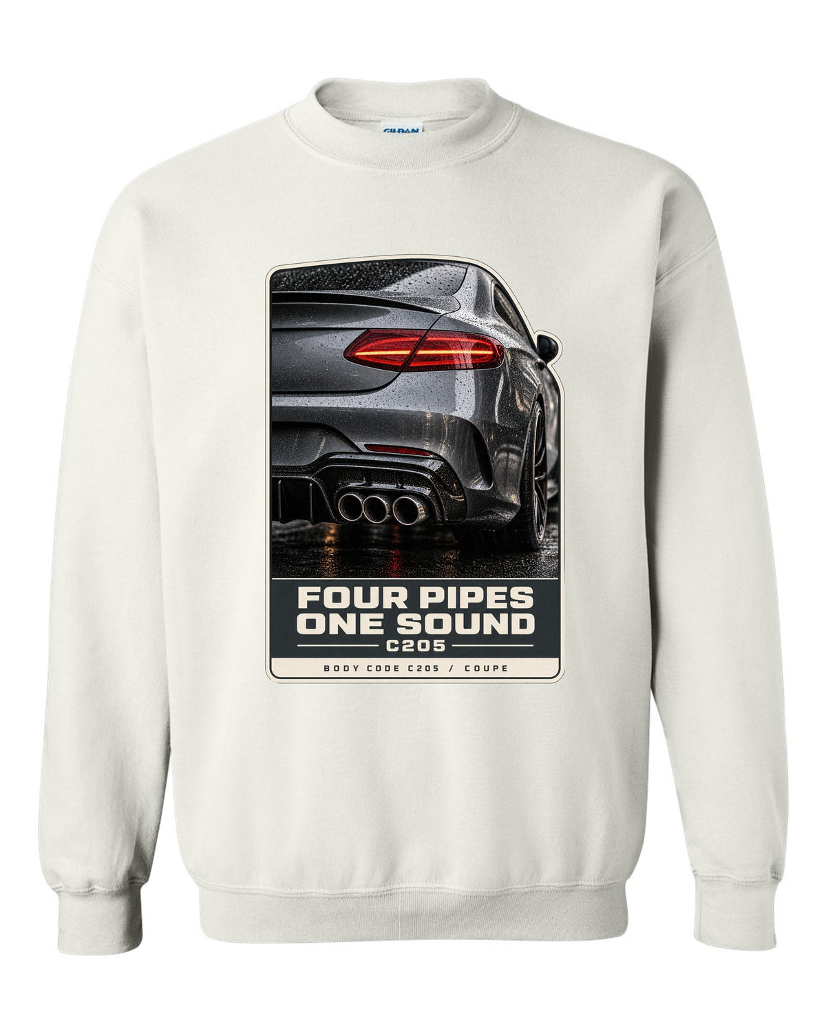 Mercedes-AMG C63 Coupe C205 rear taillight and four-pipe exhaust macro white crewneck front view with the design