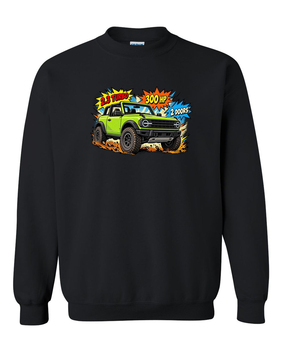 Comic halftone pop-art of a 2021 Ford Bronco 2-door with round headlights and 2.3 TURBO 300 HP lettering black crewneck front view with the design