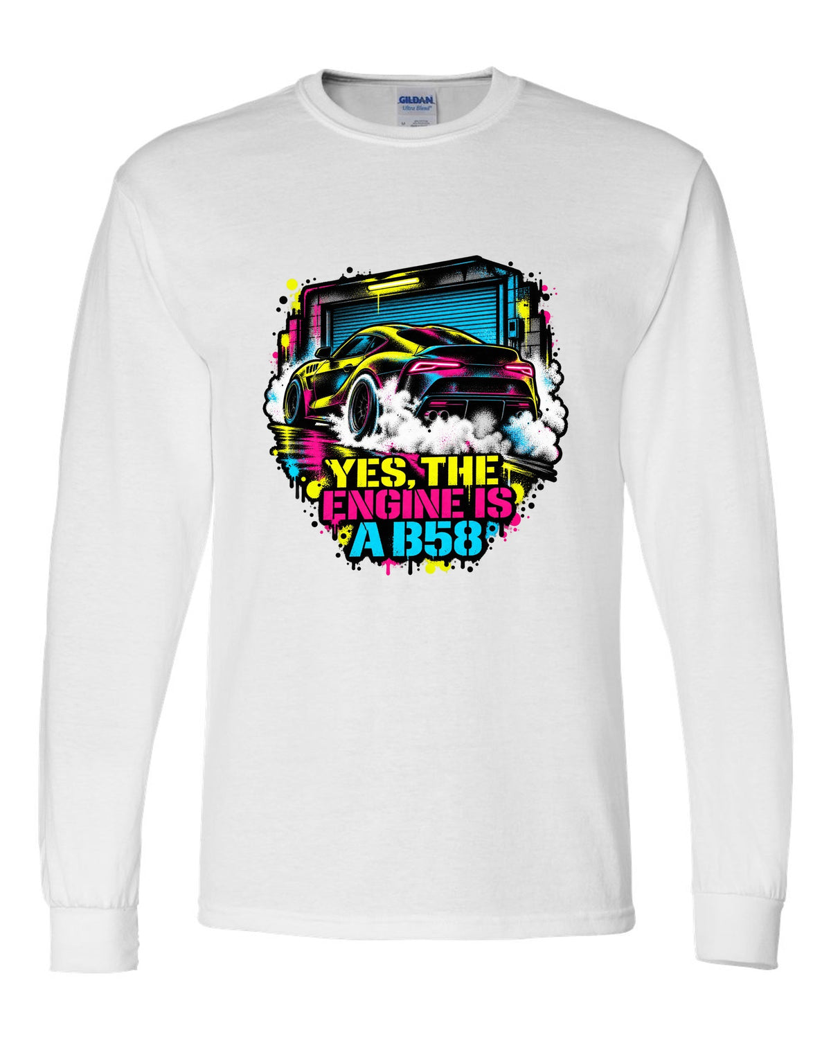 Stencil spray street art of a Toyota GR Supra A90 burnout on a garage door white long sleeve front view with the design