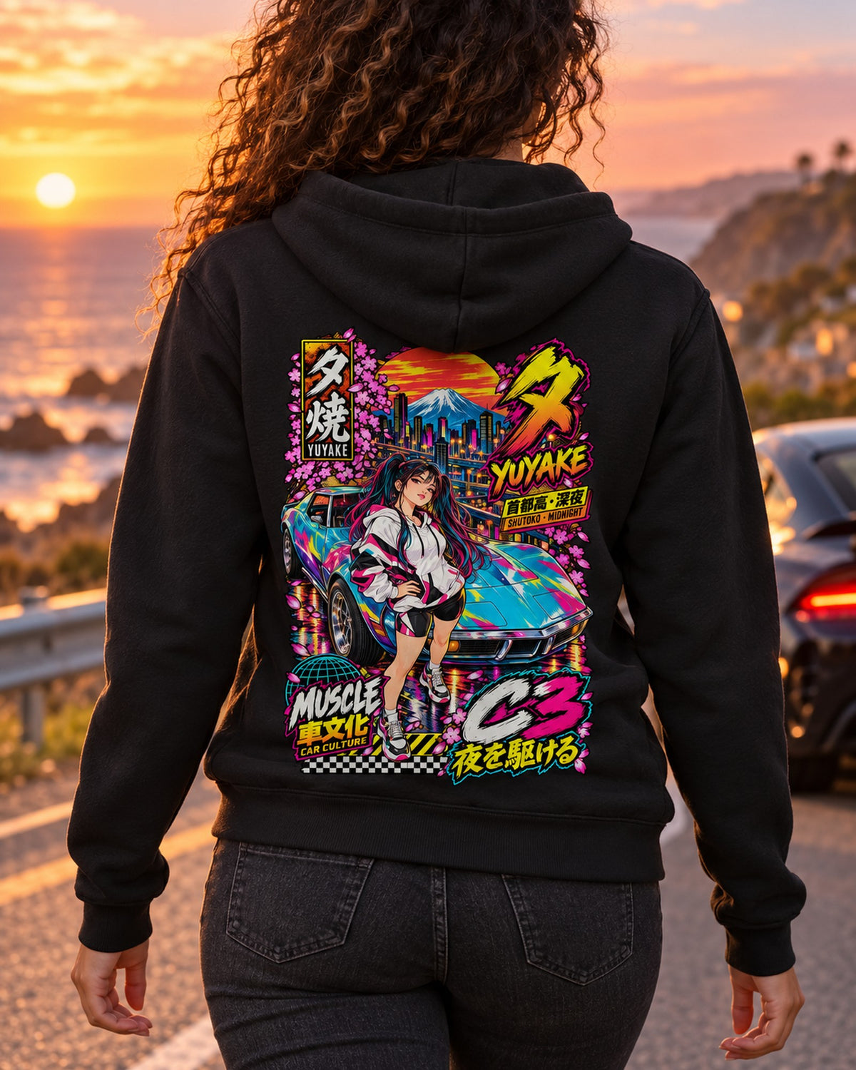 YUYAKE C3 Anime Girl Full-Back Graphic Tee Zip Hoodie Black worn hero