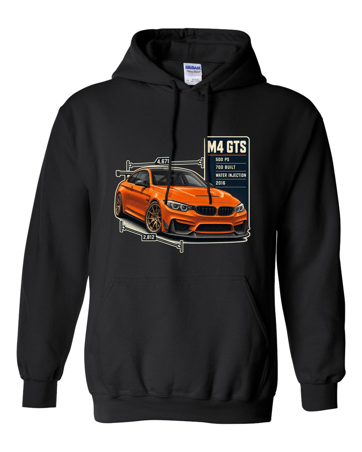 BMW M4 GTS F82 spec poster print design black pull over hoodie front view with the design