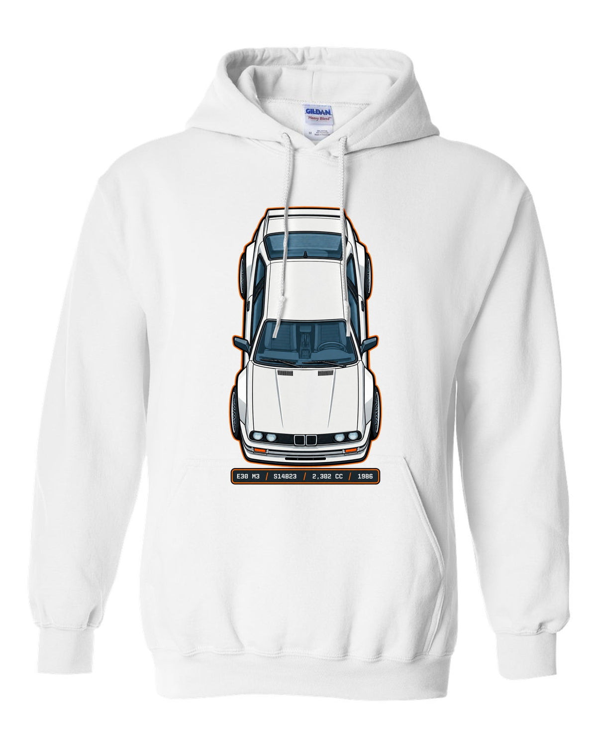 Top view spec sheet print of a BMW E30 M3 with S14B23 2,302 cc 1986 data plate text white pull over hoodie front view with the design