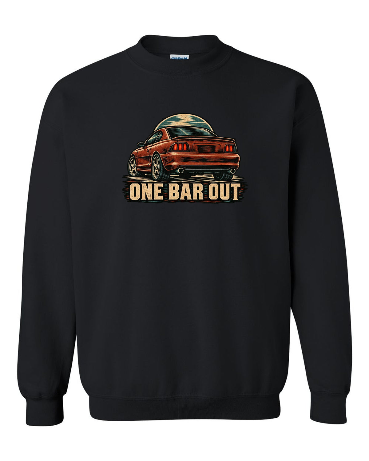 Linocut woodcut print of a 1994-98 SN95 Mustang coupe with One Bar Out text black crewneck front view with the design