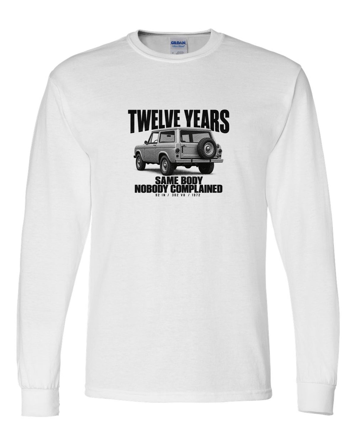 Ford Early Bronco U15 wagon halftone print with twelve years, same body text white long sleeve front view with the design