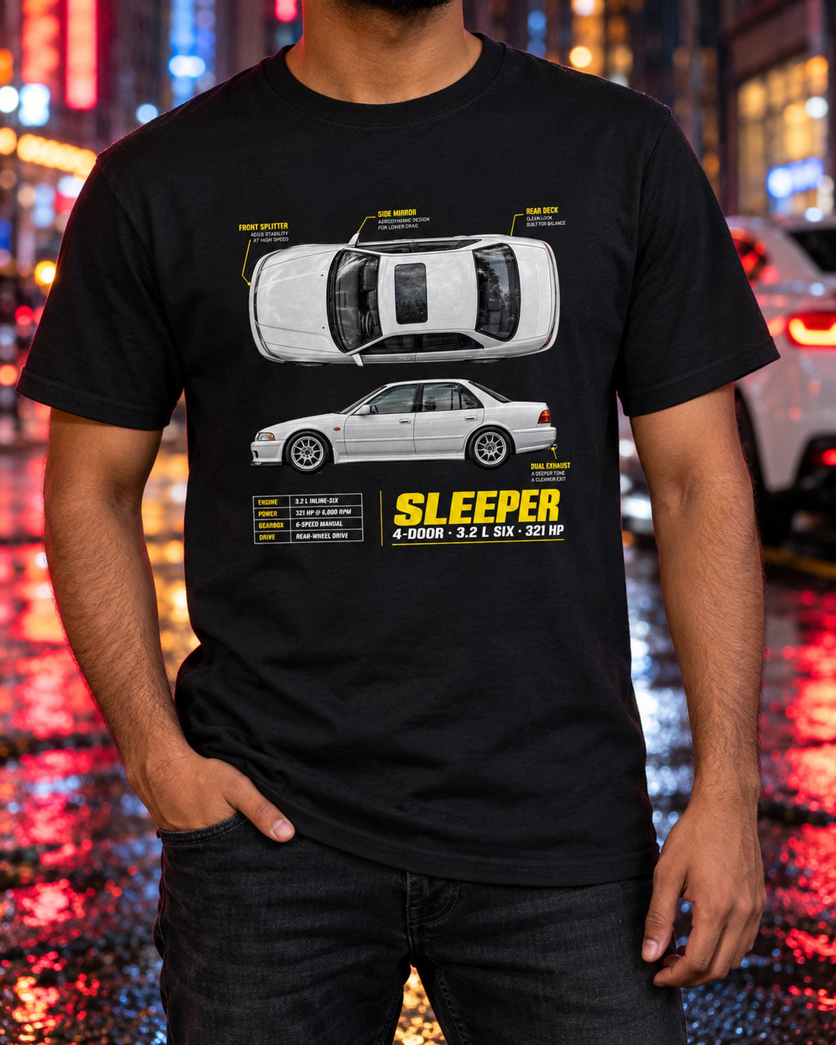 BMW E36 M3 Sedan Four-Door Sleeper Spec Poster Shirt T-Shirt Black worn hero