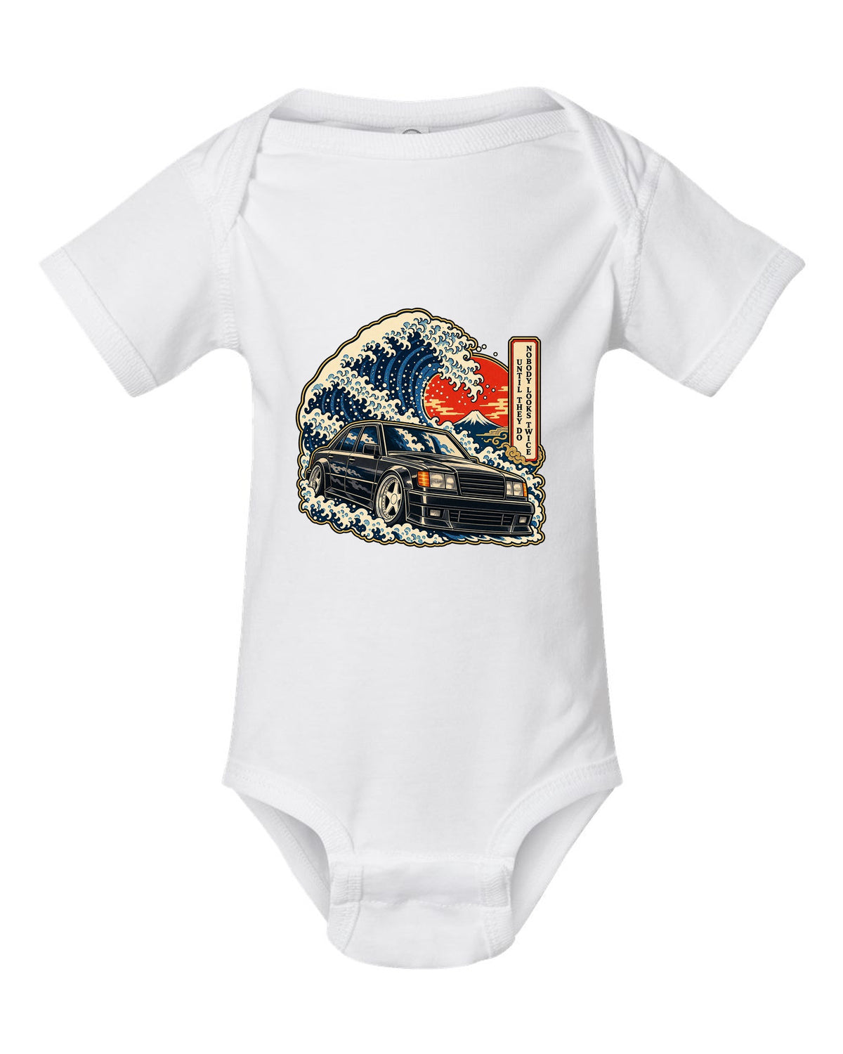 Ukiyo-e woodblock wave over a Mercedes 300E Hammer W124 with caption text white baby onesie front view with the design