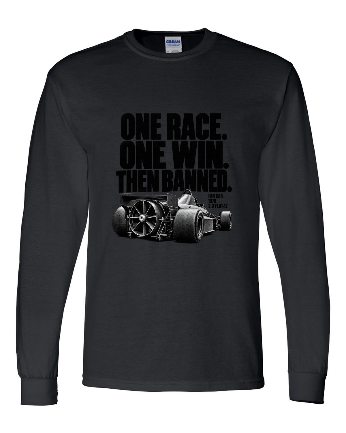 Brabham BT46B fan car halftone print with one race one win text black long sleeve front view with the design