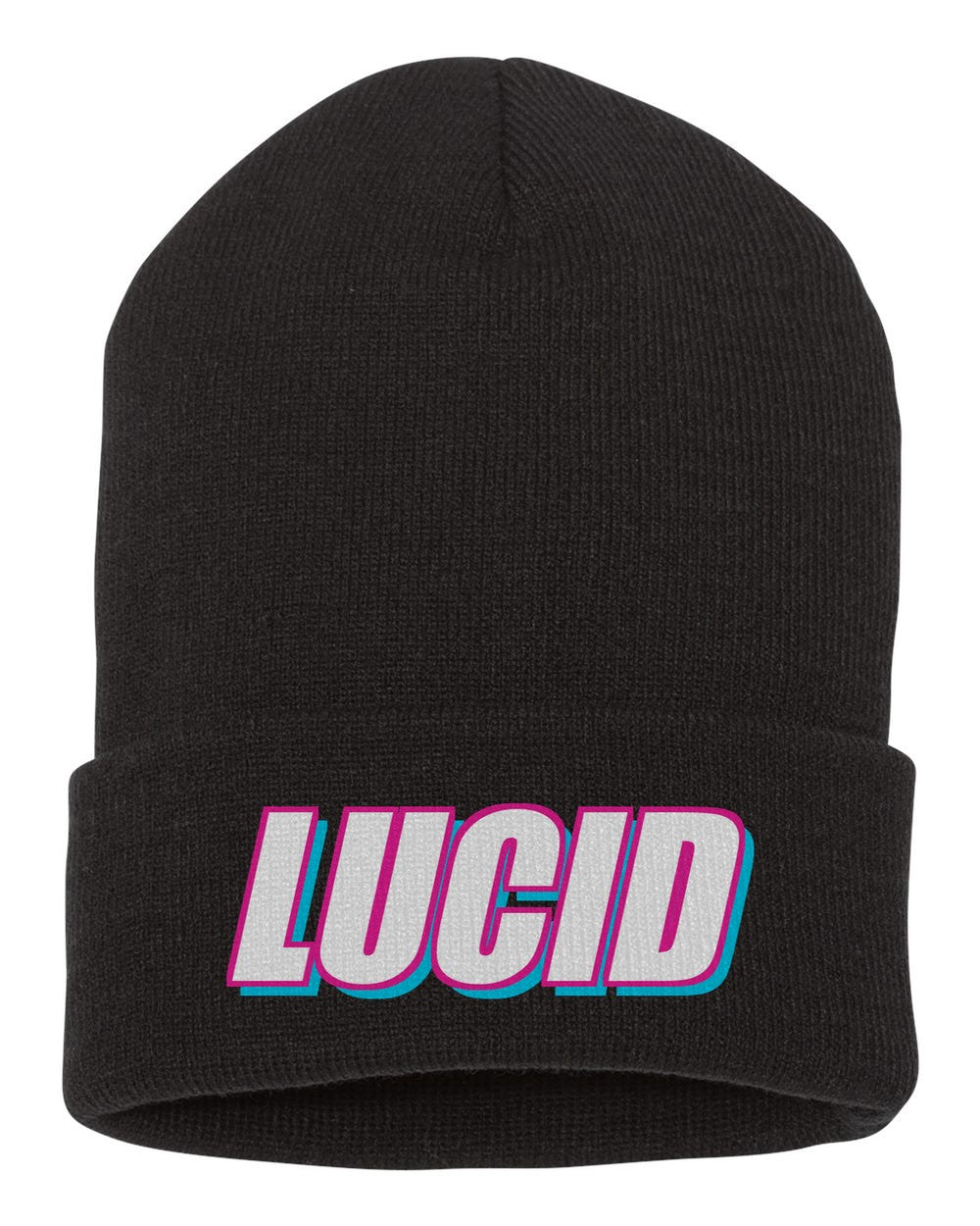 Lucid black beanie front view with car name