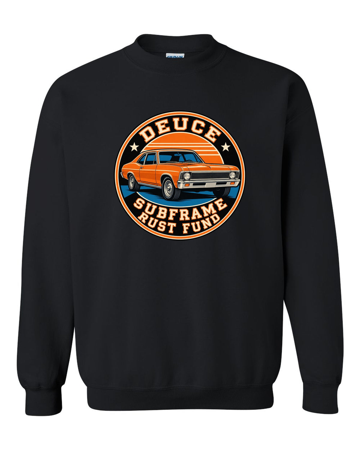 1968 Nova X-body in a round varsity crest with text Deuce Subframe Rust Fund black crewneck front view with the design