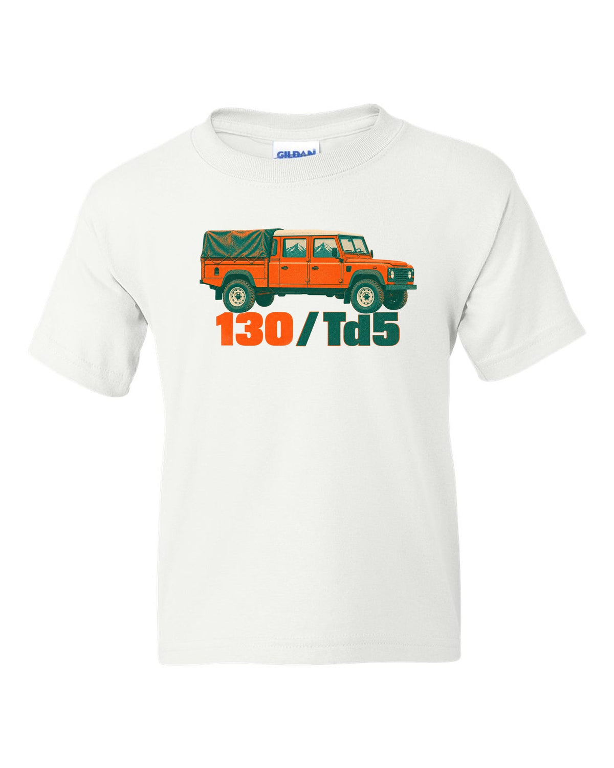 Risograph two-colour print of a Land Rover Defender 130 crew cab with 130 Td5 text white kids tee front view with the design