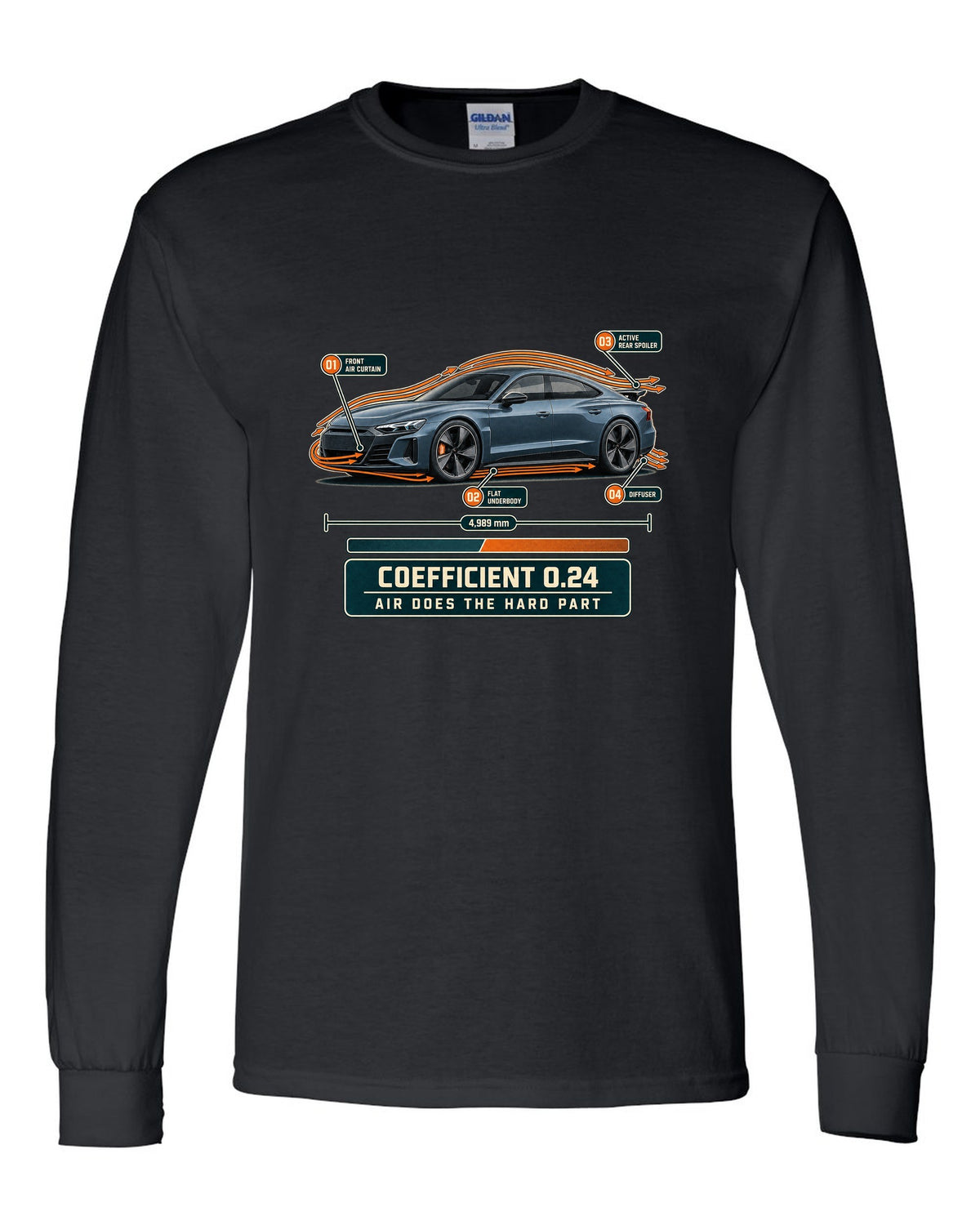 Audi RS e-tron GT aero callouts with airflow diagram print design black long sleeve front view with the design