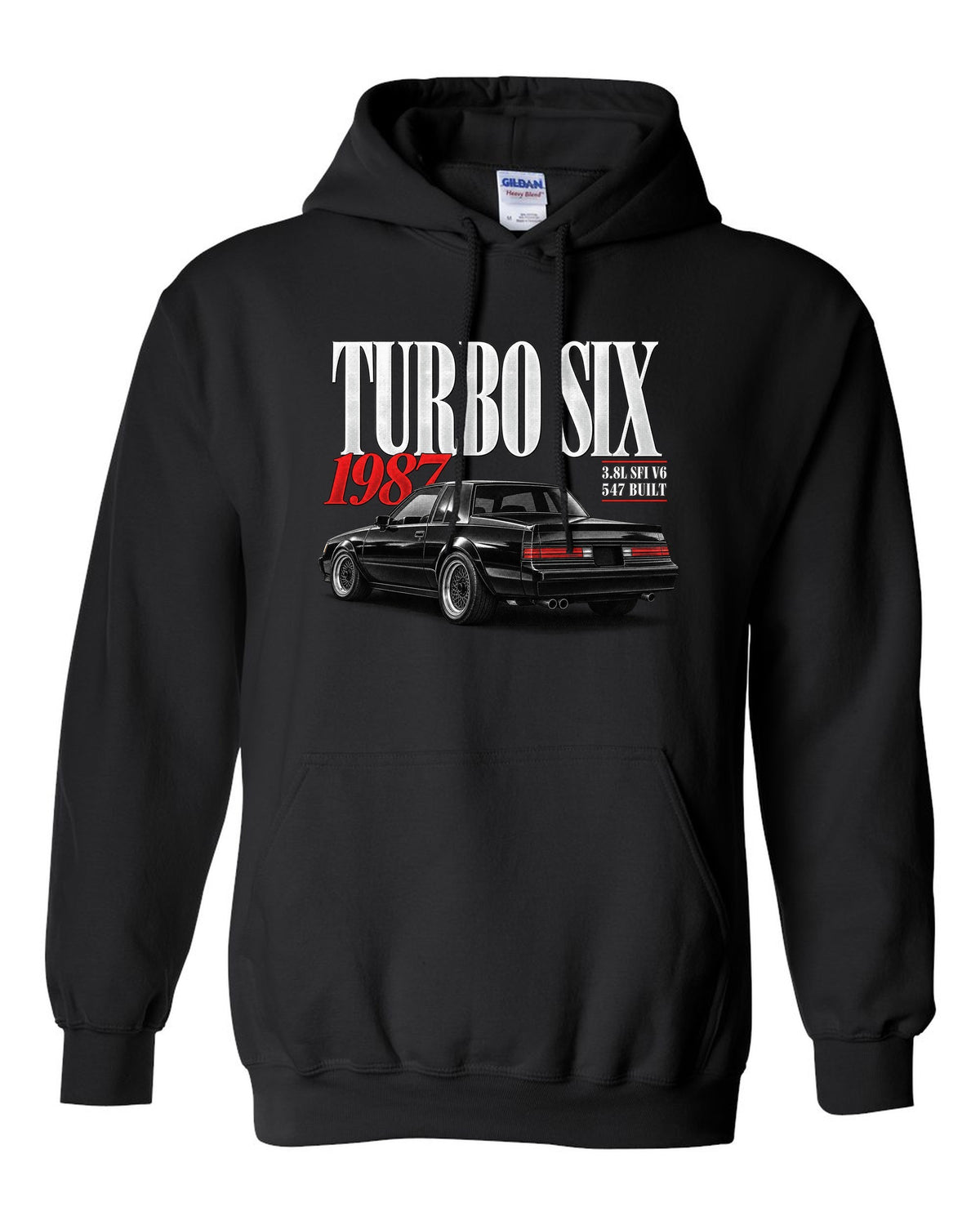 Editorial archive print for a 1987 Buick Regal Grand National GNX with turbo six text black pull over hoodie front view with the design