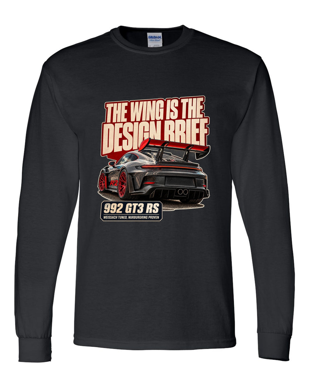 Porsche 992 GT3 RS editorial headline print design black long sleeve front view with the design