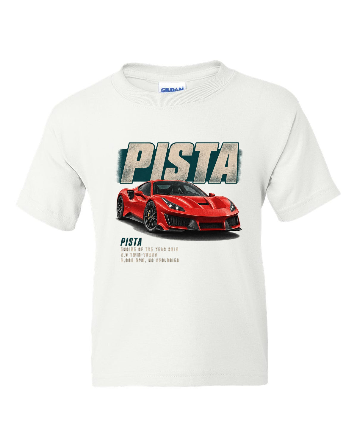 Editorial headline print of a red Ferrari 488 Pista in front three-quarter view white kids tee front view with the design