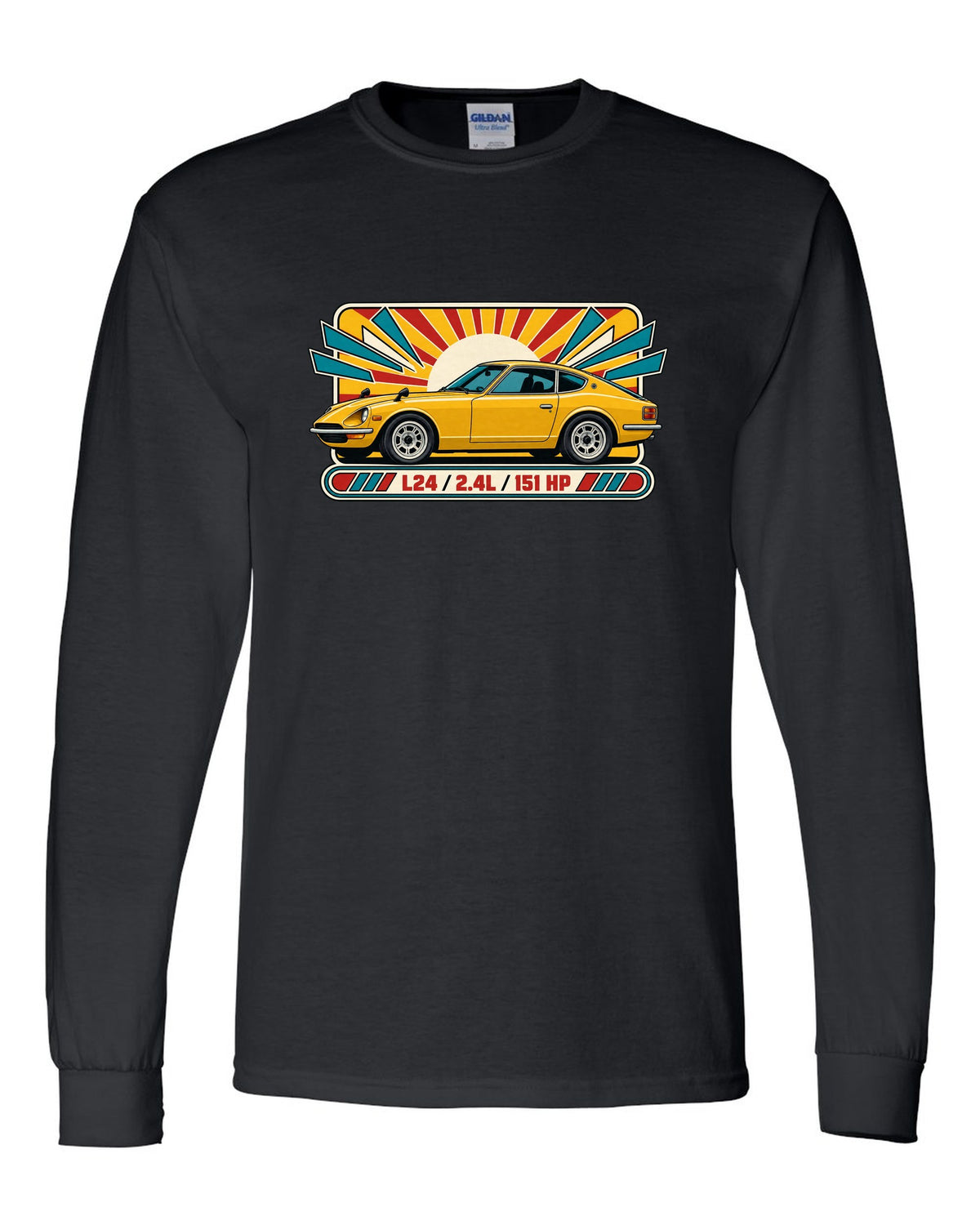 Retro 1970s catalogue ad print of the Datsun 240Z S30 with L24 2.4L 151 HP lettering black long sleeve front view with the design