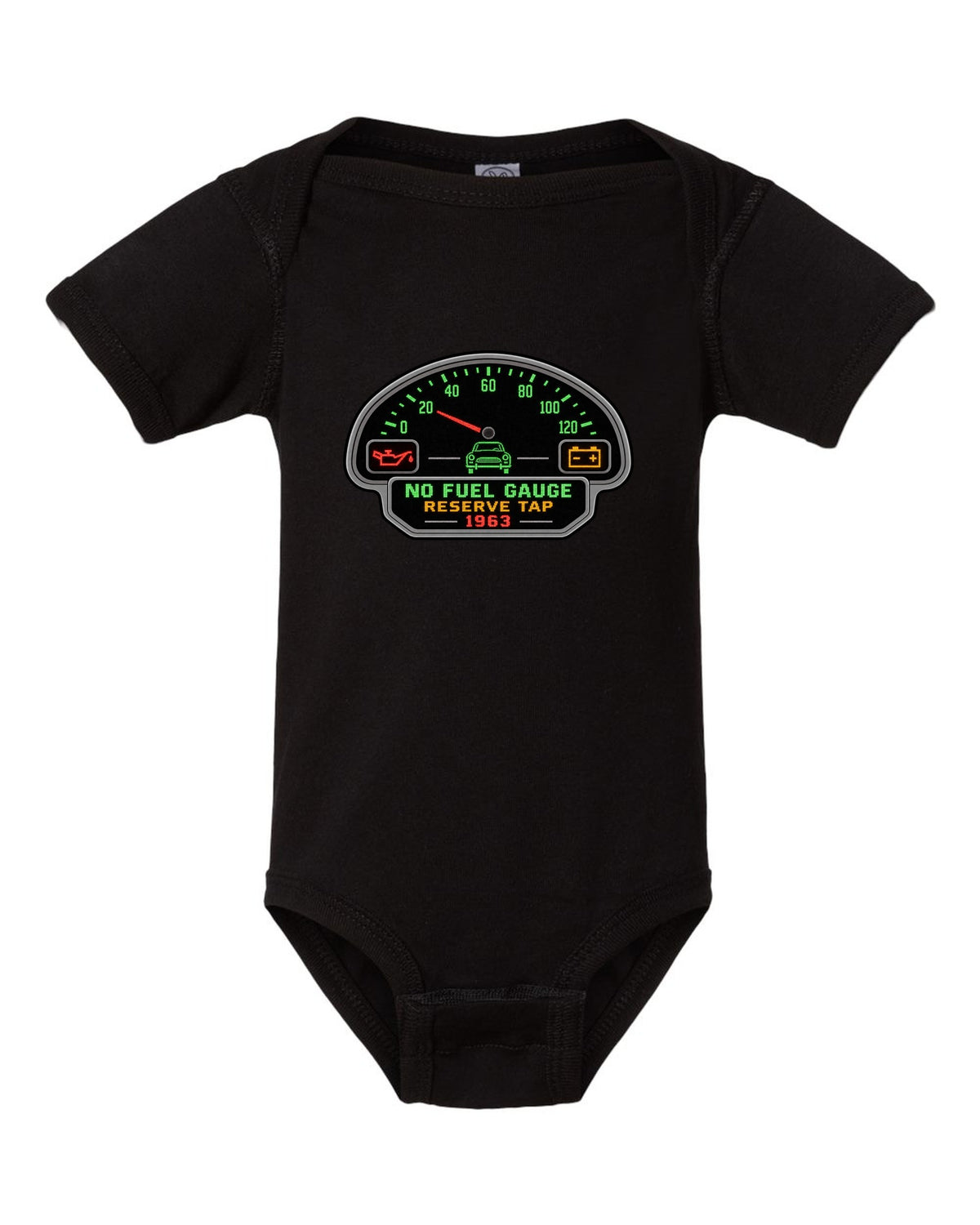 Pixel LED segmented display print of a 1963 VW Beetle Type 1 dashboard with fuel gauge joke black baby onesie front view with the design