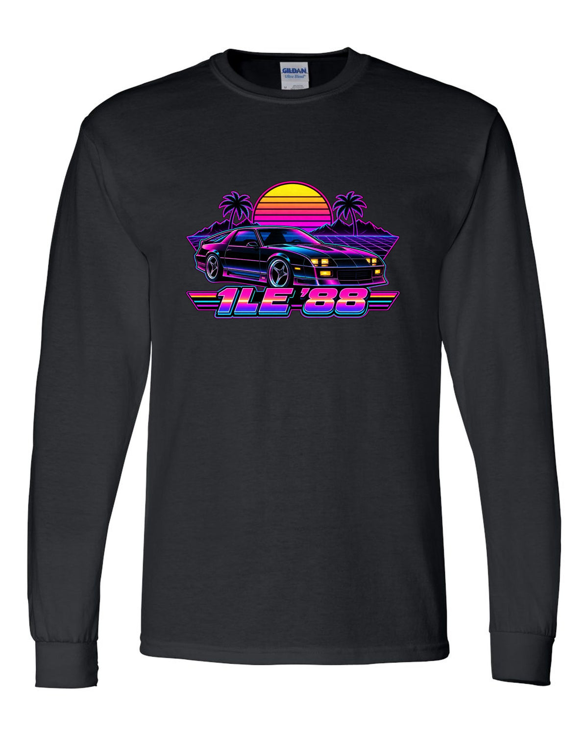 1988 Camaro 1LE third-generation against a synthwave grid horizon with a striped sun and the text 1LE '88 black long sleeve front view with the design