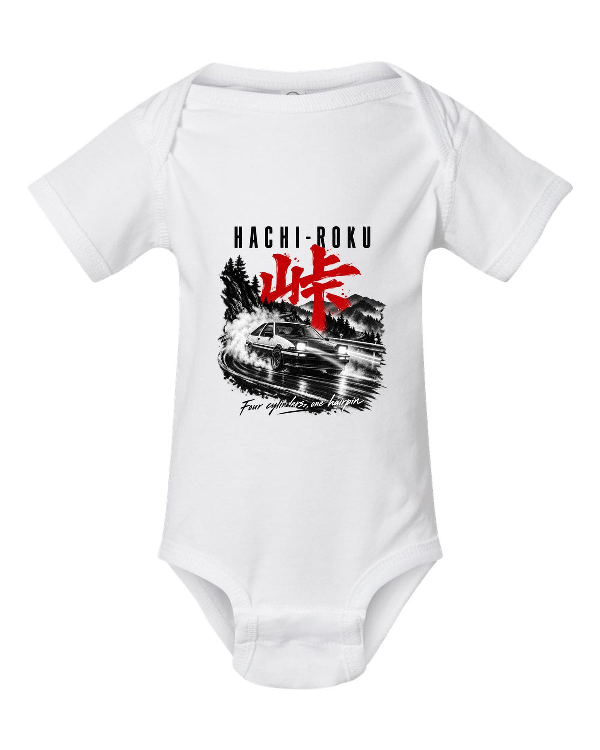 print of a Toyota AE86 Sprinter Trueno on a night touge with Hachi-Roku lettering and a hairpin bend white baby onesie front view with the design