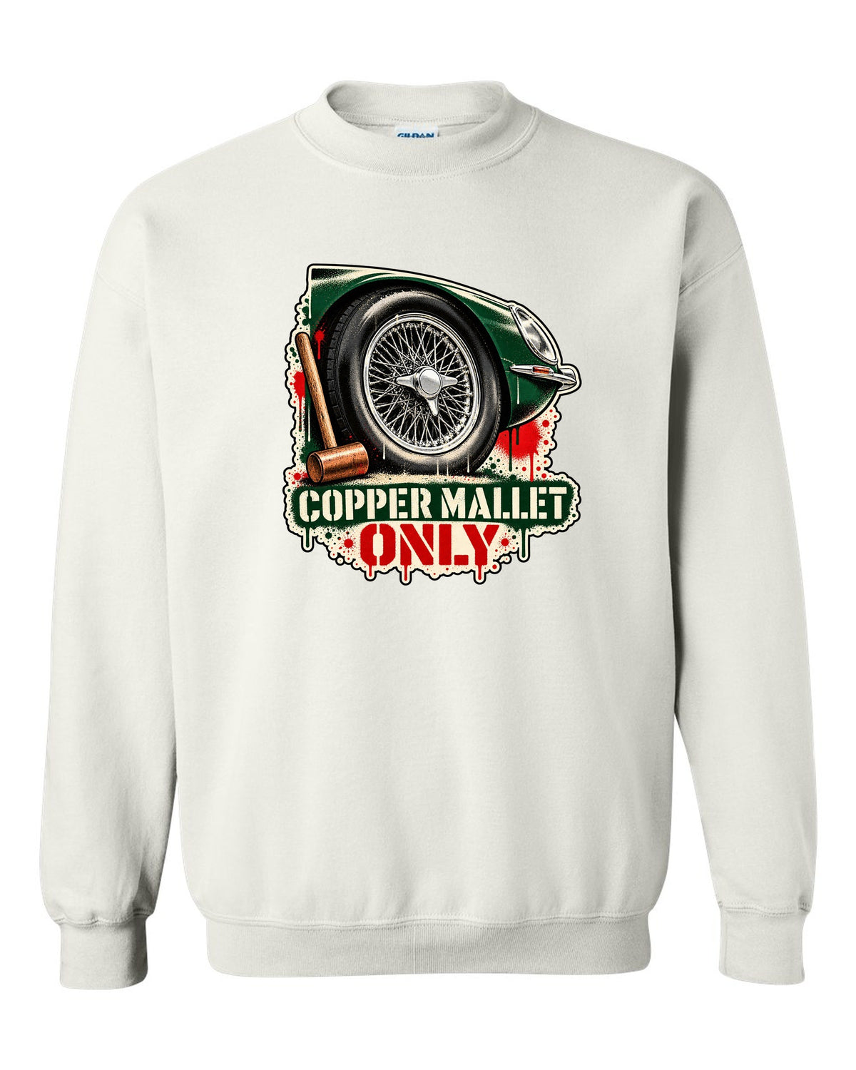 Spray stencil street art print of a Jaguar E-Type Series 1 wire wheel with copper mallet lettering white crewneck front view with the design